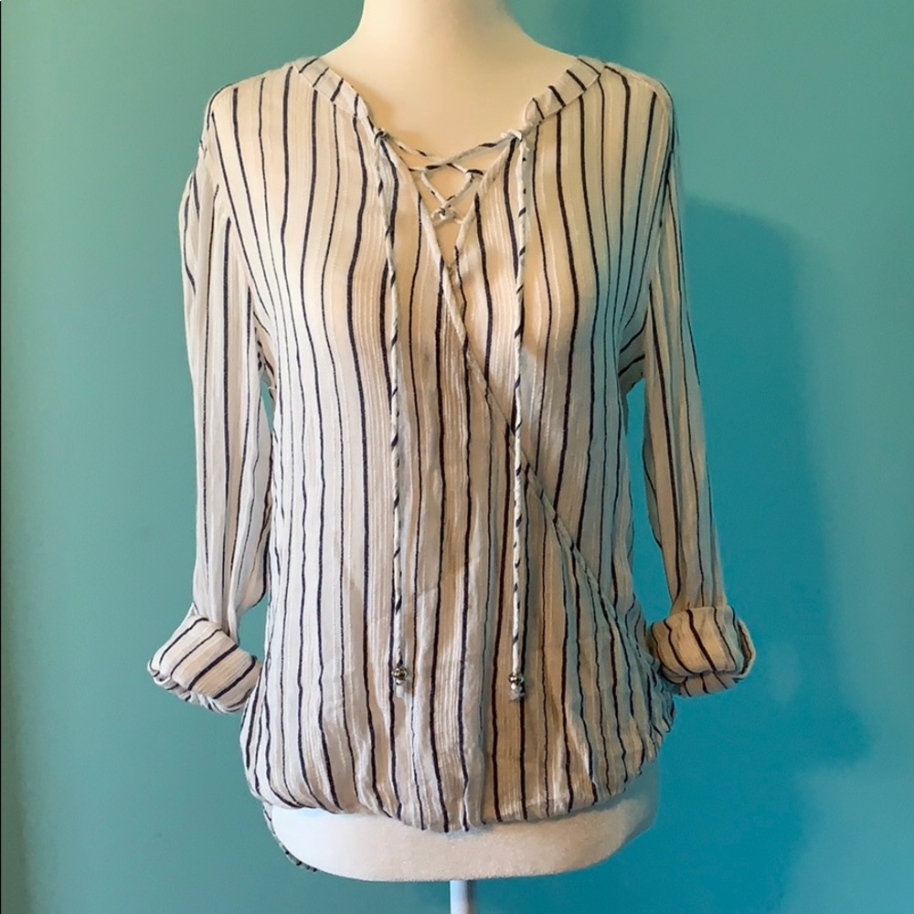 denim and white stripped blouse